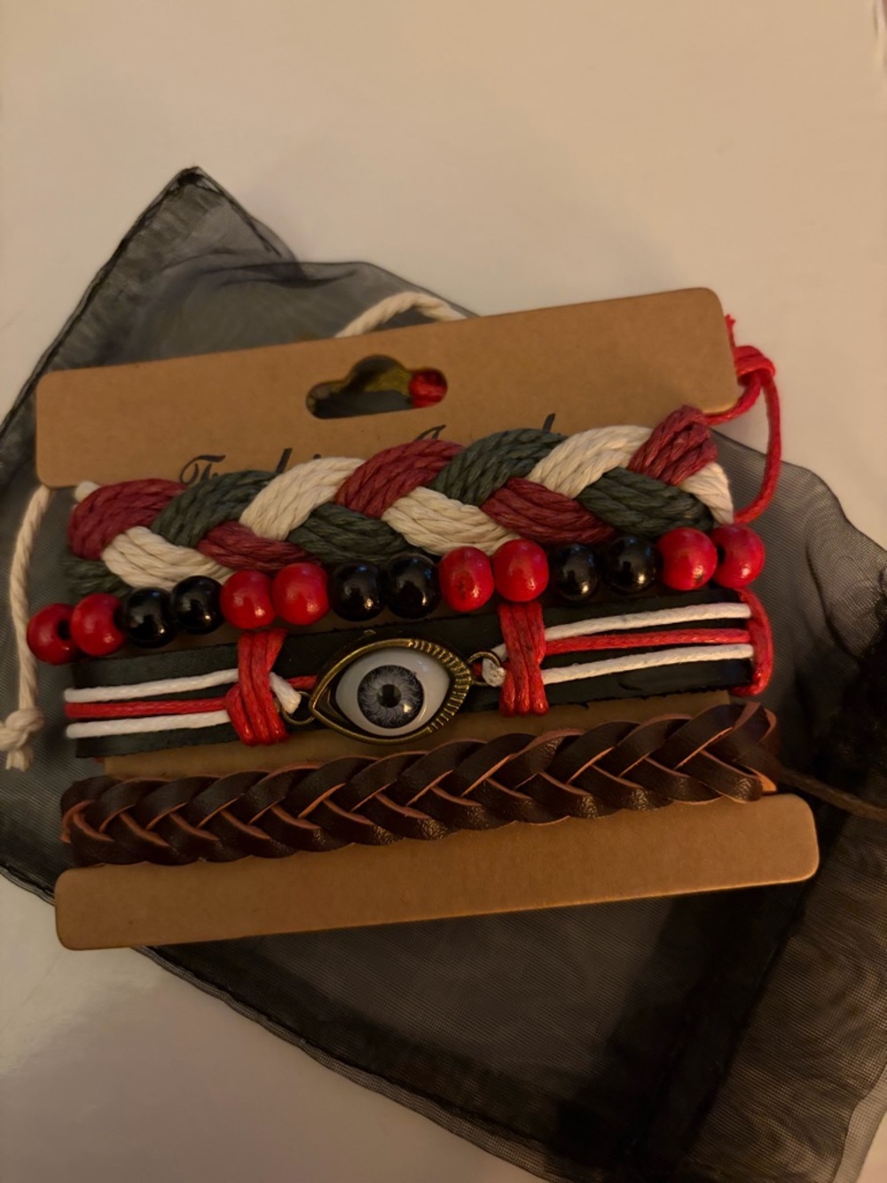 Braided Multicolor Bead & Eye Charm Bracelet Set, NEW